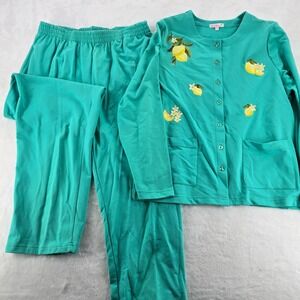 Palm Harbor Pajama Set Womens XL Lemon Embroidery Teal Green Knit Loungewear